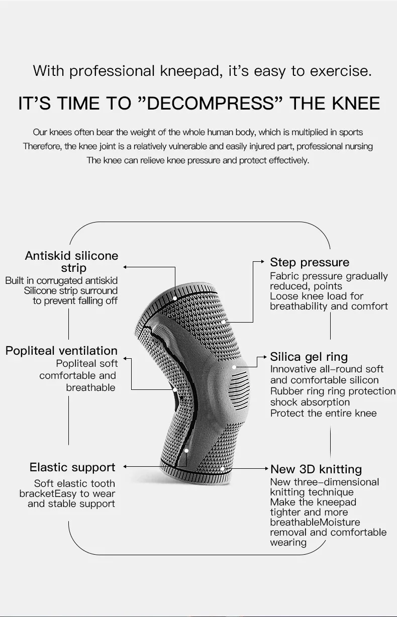 1PC Silicone Knee Pads Strap Patella Medial Support Meniscus Compression Knee Braces for Running Sport Knee Protection 1PC Silicone Knee Pads Strap Patella Medial Support Meniscus Compression Knee Braces for Running Sport Knee Protection